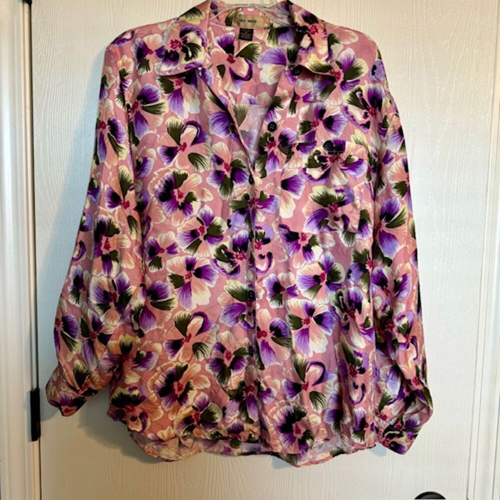 Vintage Silk House Floral Button Down Blouse Women's M